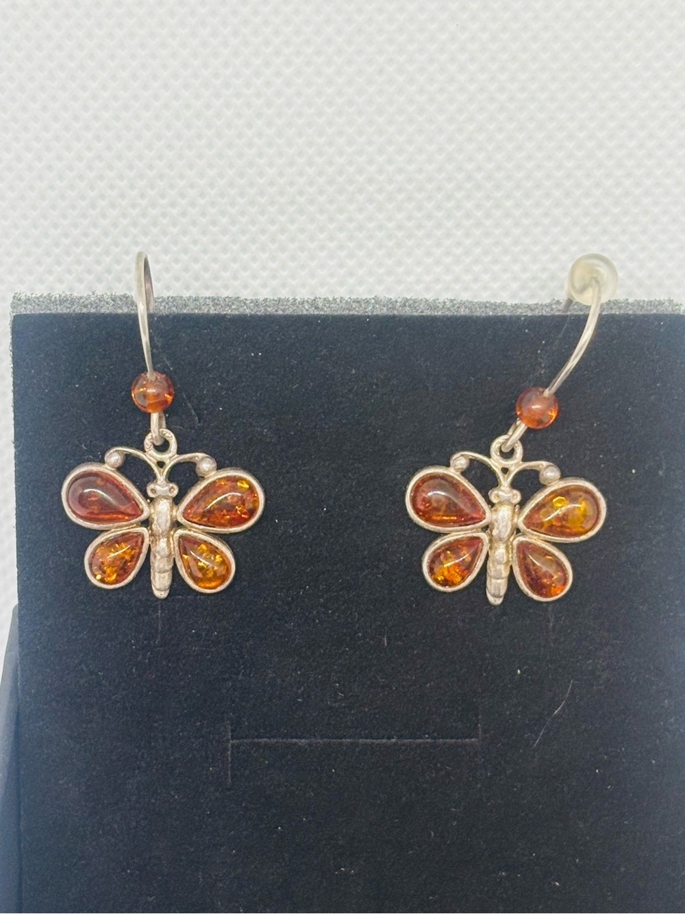 Vintage 925 Silver Amber Butterfly Drop Earrings